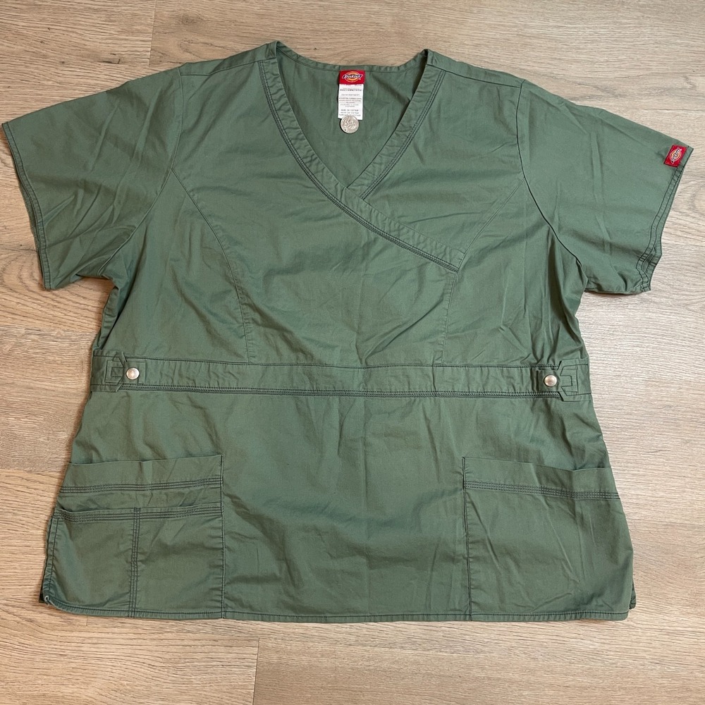 Dickies Womens 3XL Scrub Top Olive Green Wrap V-Neck Short Sleeve Stretch 817355